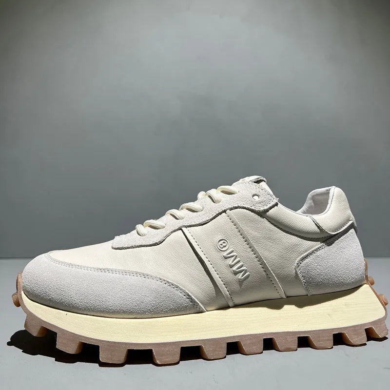 Men's black head layer cowhide lace-up sports shoes with thick sole and round toe on white background
