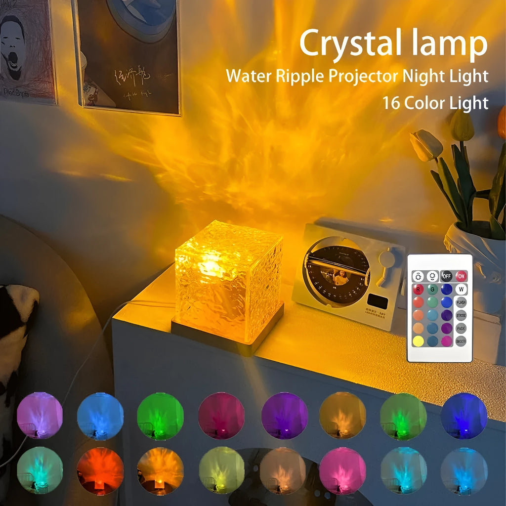 LED water ripple projection night light with remote control on wooden table