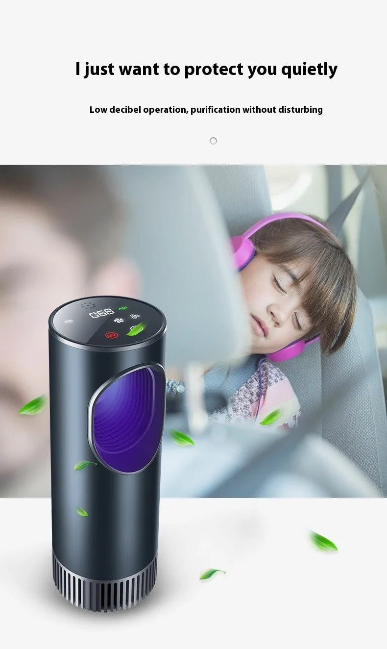 Black USB-powered car air purifier for formaldehyde removal and air ionisation.