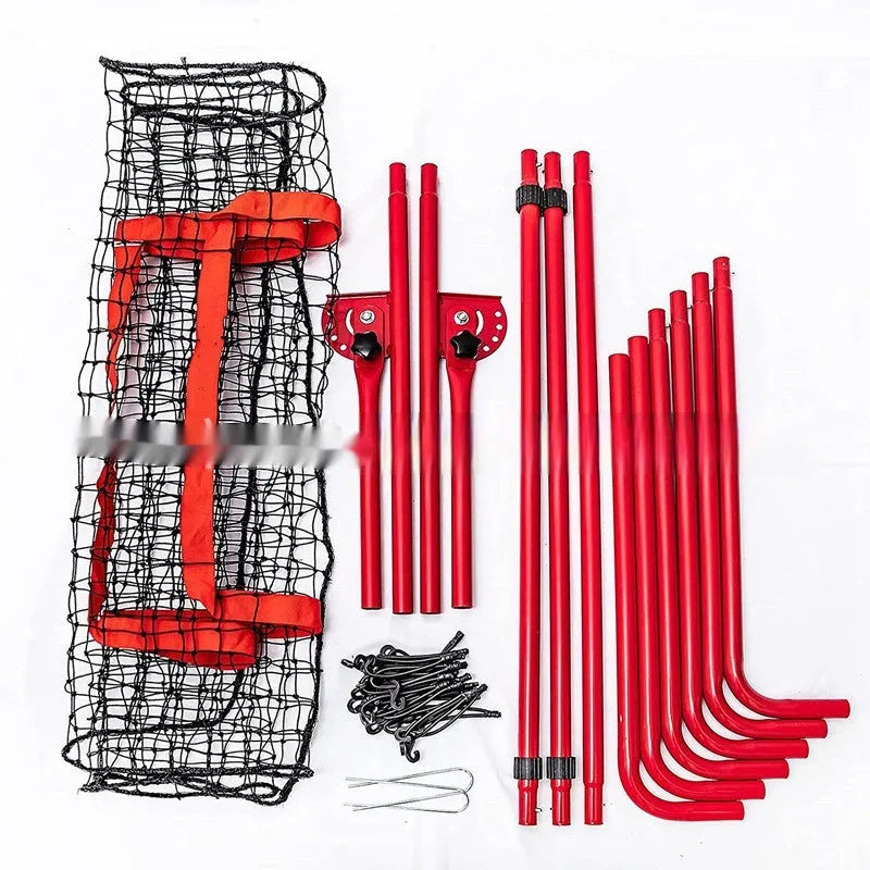 Red adjustable portable baseball training net with metal frame measuring 4x6 feet