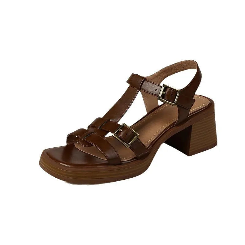 Women's black retro platform sandals with T-buckle fastening and square open toe design