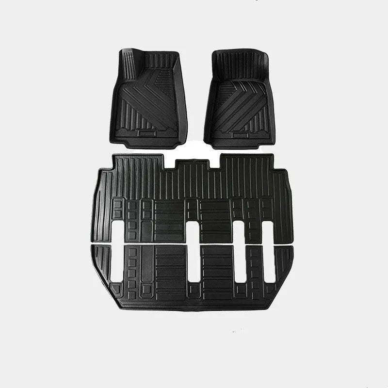 TPE rubber waterproof floor mat set for Tesla Model X, showing tailbox liner and footwell mats.