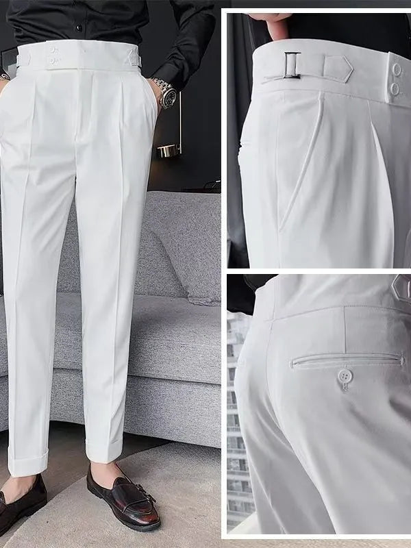Men's high-waist straight-leg trousers in neutral colours on a hanger.