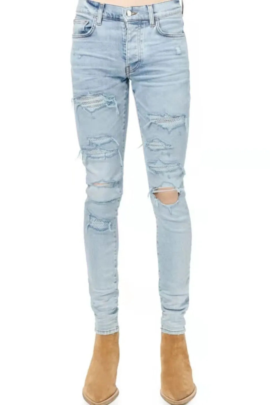 Light blue slim fit stretch men's jeans with distressed details and diamond patch pocket