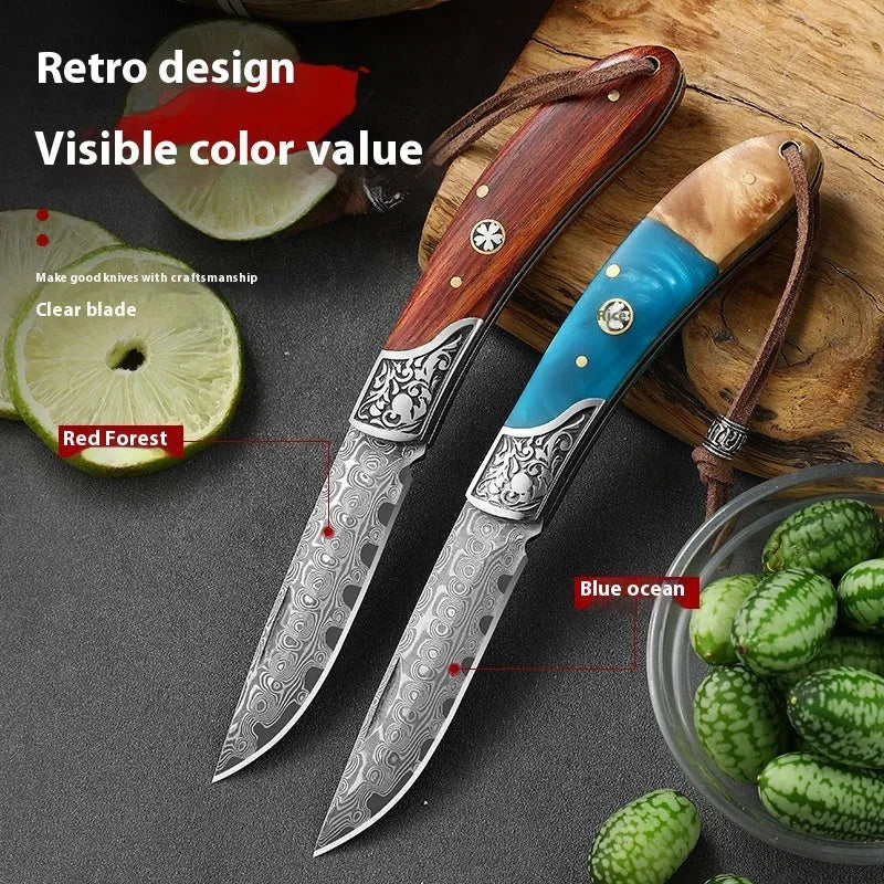 VG10 stainless steel folding pocket knife with a blue dovetail pattern handle.