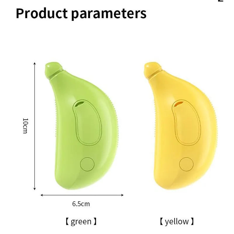 Rechargeable cat steam grooming brush in green or yellow with silicone teeth