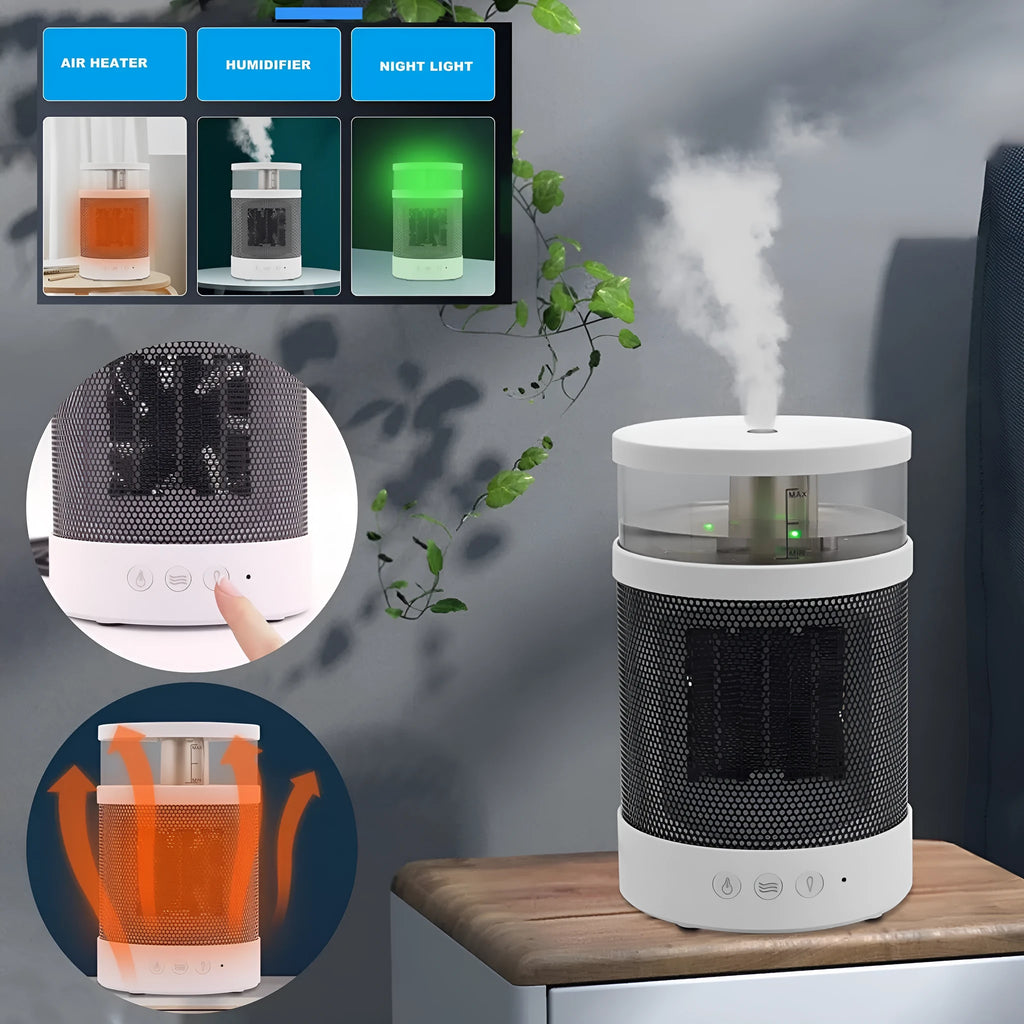 White 3 in 1 portable space heater with 400ml humidifier and colourful night light on a desk