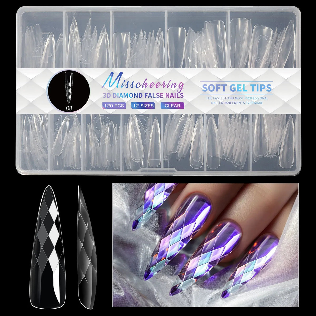 3D diamond wear long shaping artificial nail tips in twelve different colour options