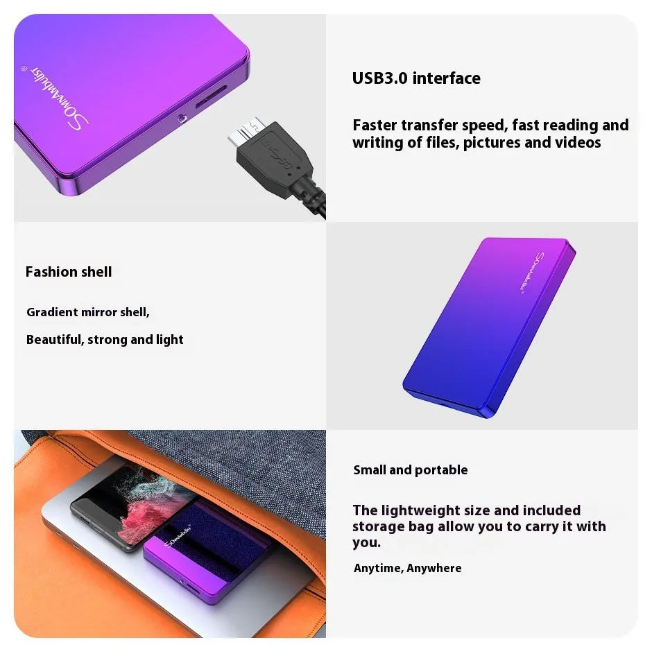 Purple external mobile hard disk with plastic shell and leather bag packaging