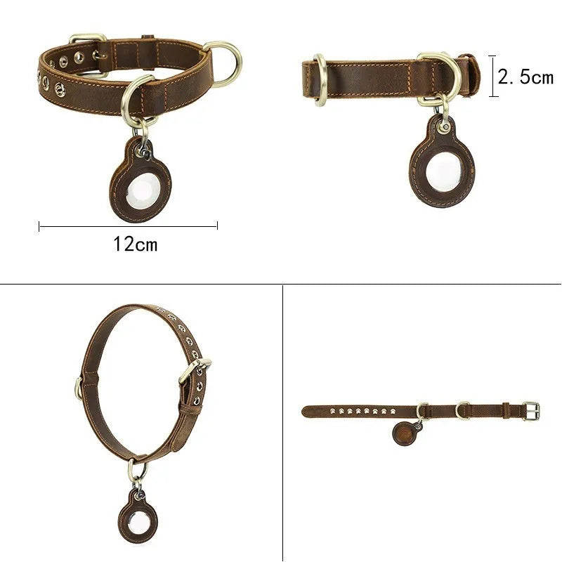 Brown handmade double-sided cowhide dog collar with tracking halter positioning