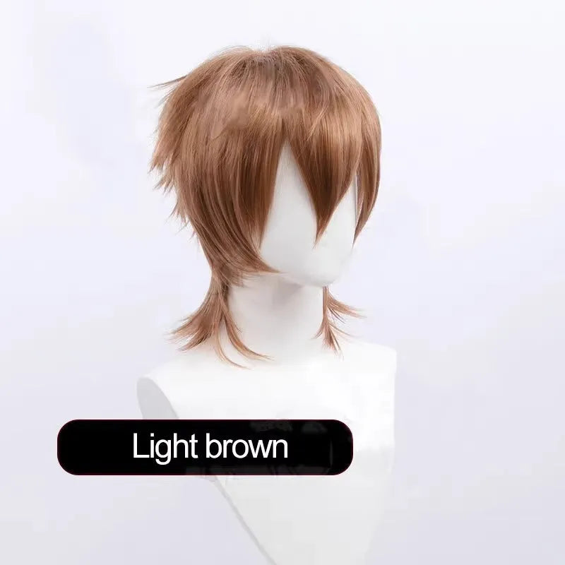 Men's short black anime cosplay wig made from high-temperature synthetic fibre on a stand.