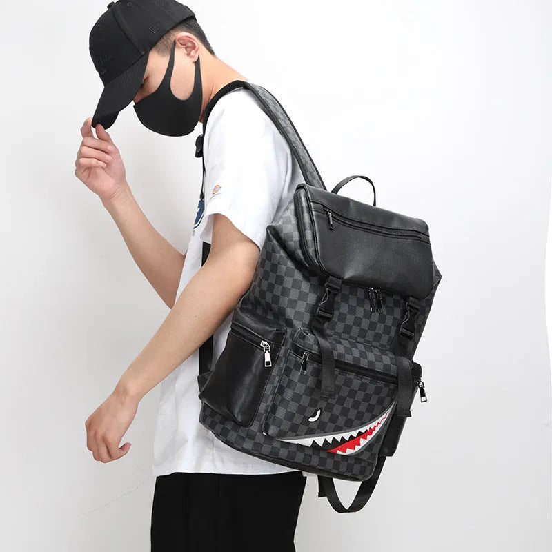 Korean casual checkered print backpack in black with curved shoulder straps