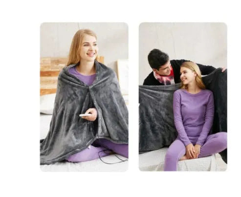 Dark grey USB heated coral fleece blanket with control button, shown folded.
