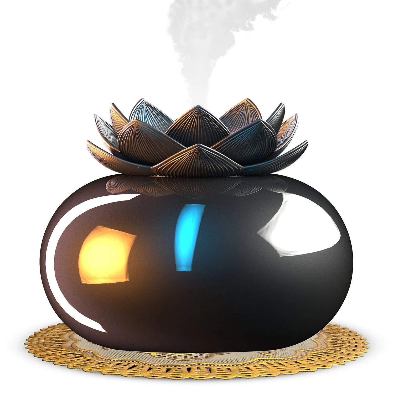 Pure black lotus-shaped ultrasonic humidifier with USB cable connection
