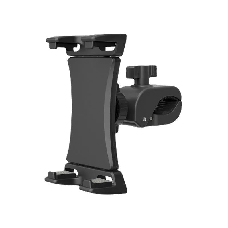 Black ABS plastic bicycle handlebar mount holding a mobile phone and a tablet computer.