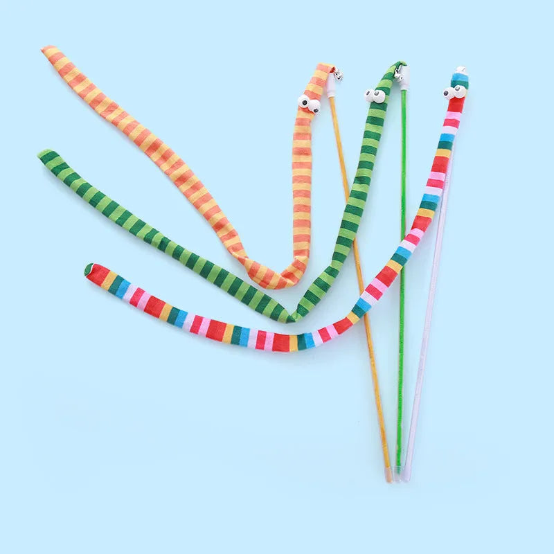 Cat wand toy with polycarbonate wand and long plush strip in vibrant colours for interactive play