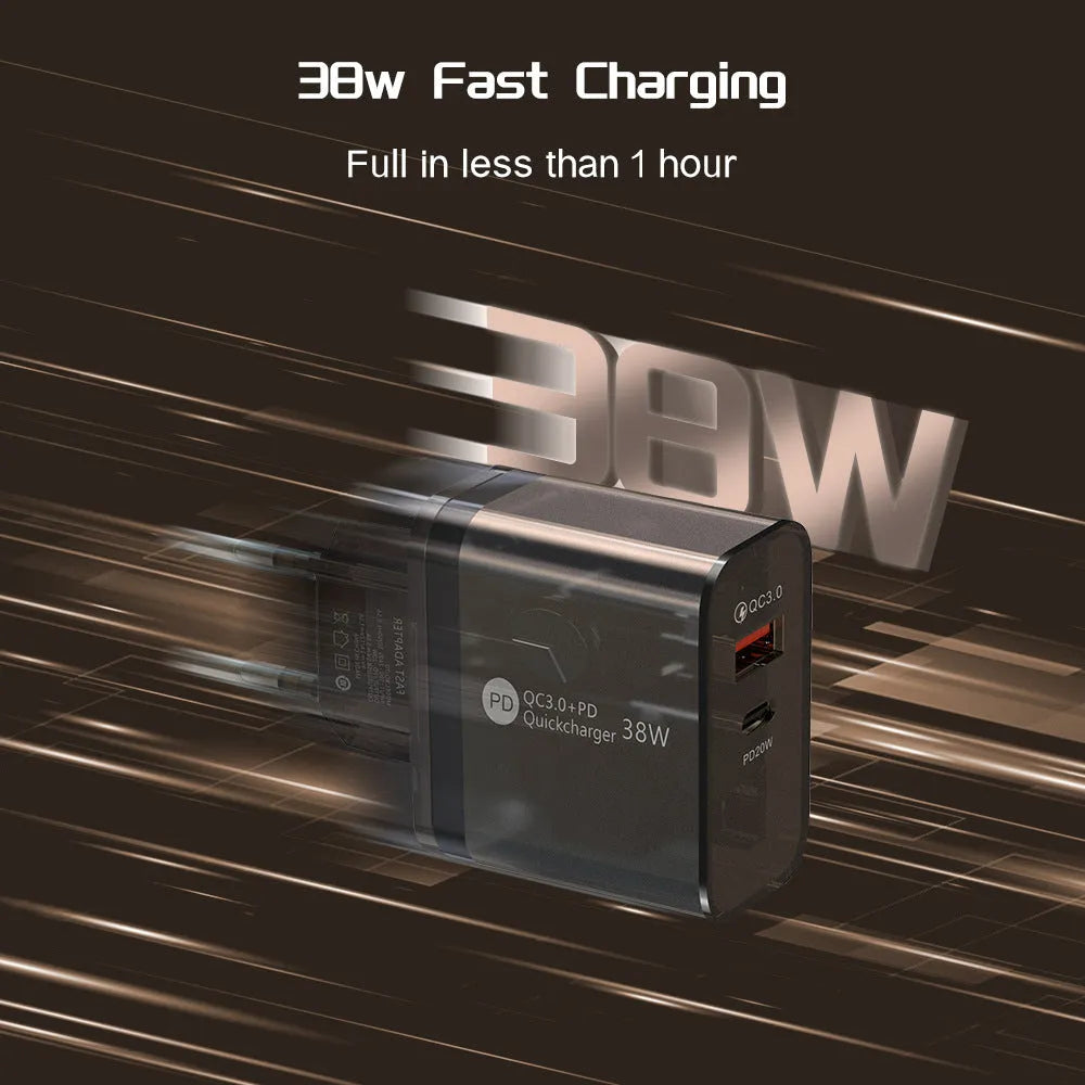 38W transparent charging adapter with TYPE-C port, EU round and US flat plug heads visible