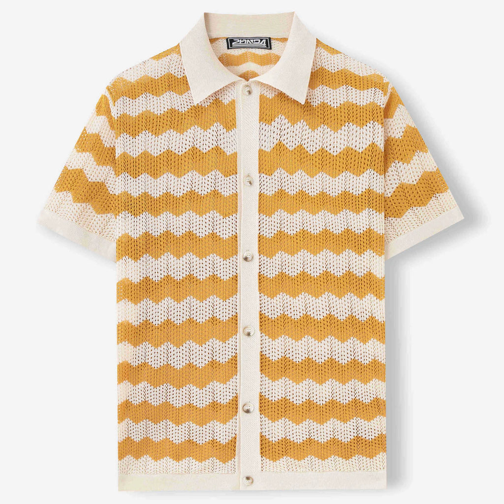 Yellow short sleeve sweater with a textured hollow jacquard corrugated pattern and flocking detail.
