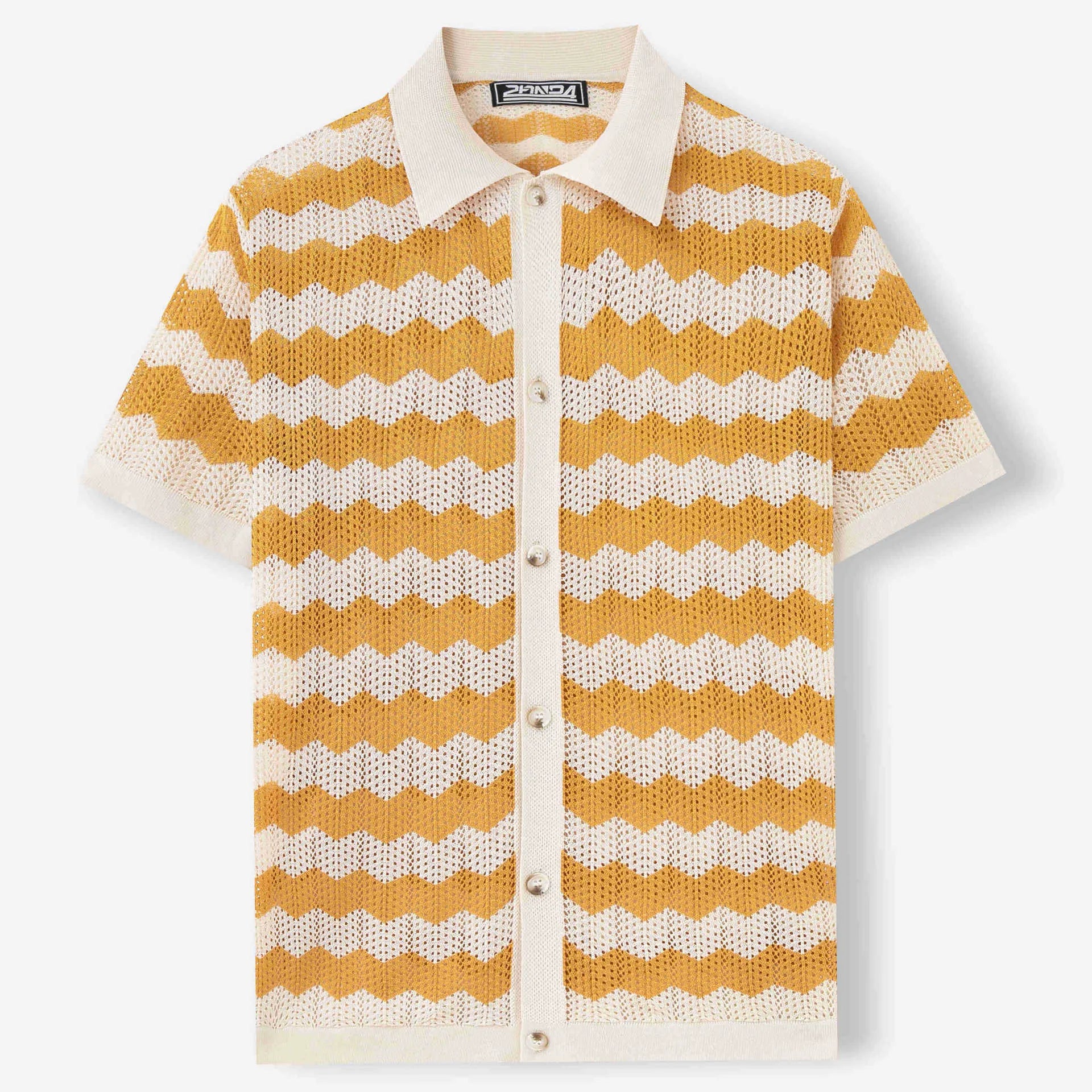 Yellow short sleeve sweater with a textured hollow jacquard corrugated pattern and flocking detail.