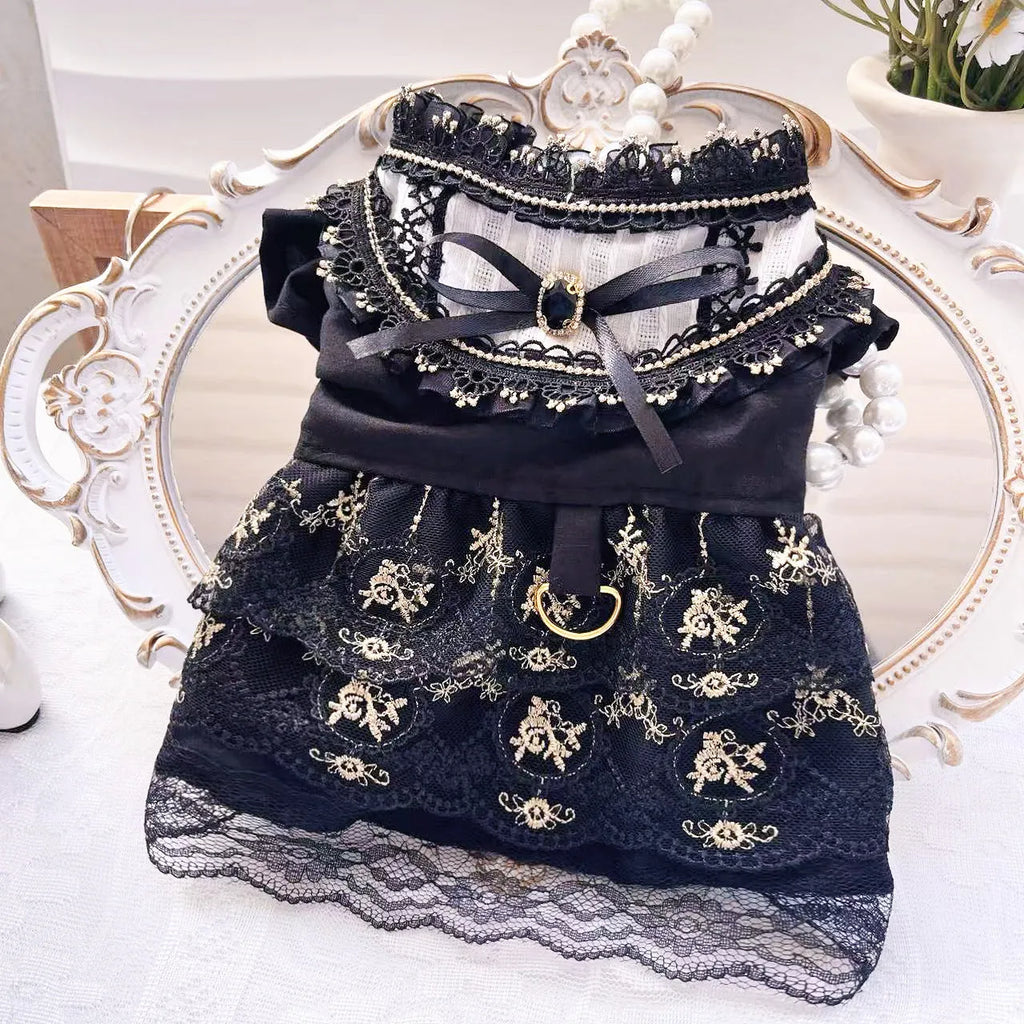 Golden gothic-style princess skirt for a small dog or cat on a mannequin