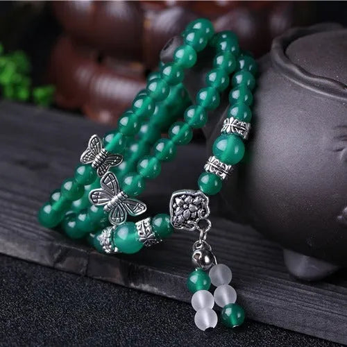 Green agate multi-layer women's bracelet with three circles of 6mm beads