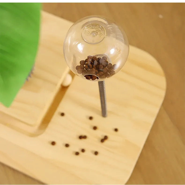 Vertical wooden cat scratching post in canna colour with an integrated food drop ball.