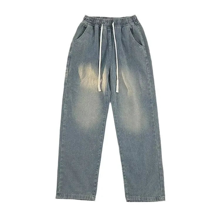 Men's straight-leg denim trousers in loose fit with drawstring waist closure