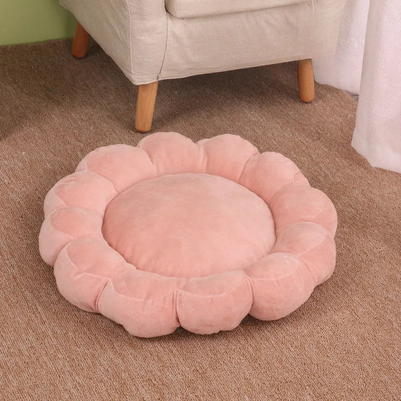 Square blue pet bed cushion with a half-surrounded side and short plush fabric