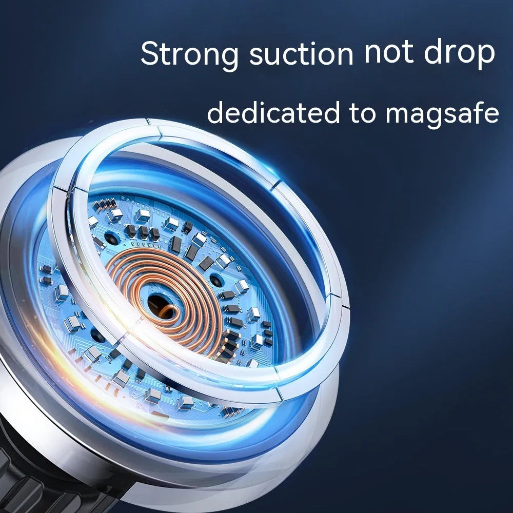Black magnetic wireless charging car air vent phone stand showing 15W fast charging capability