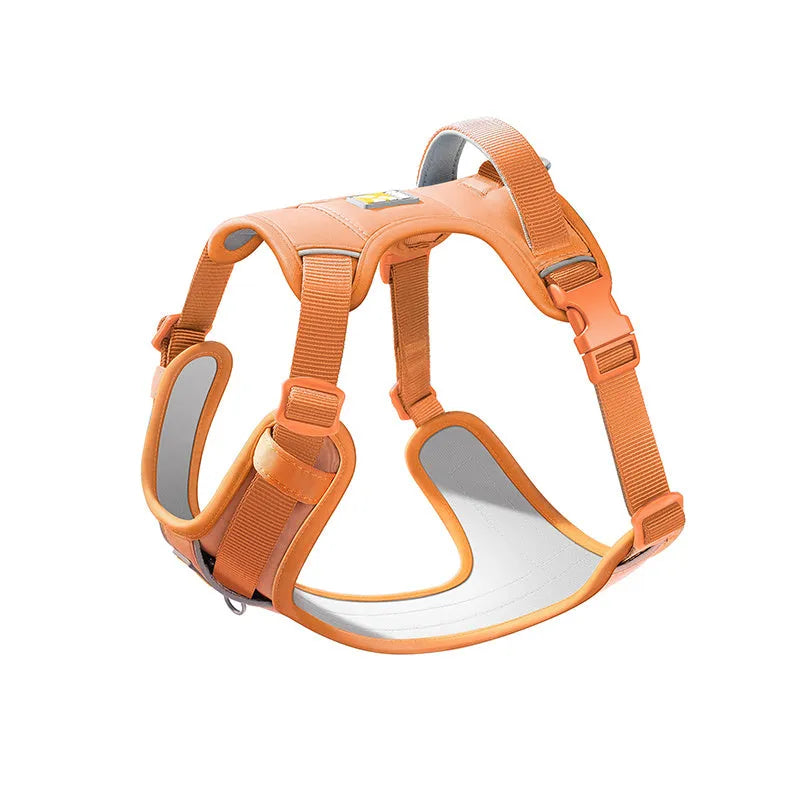 Adjustable dog chest harness vest with attached hand-holding rope, shown in various colours and sizes.