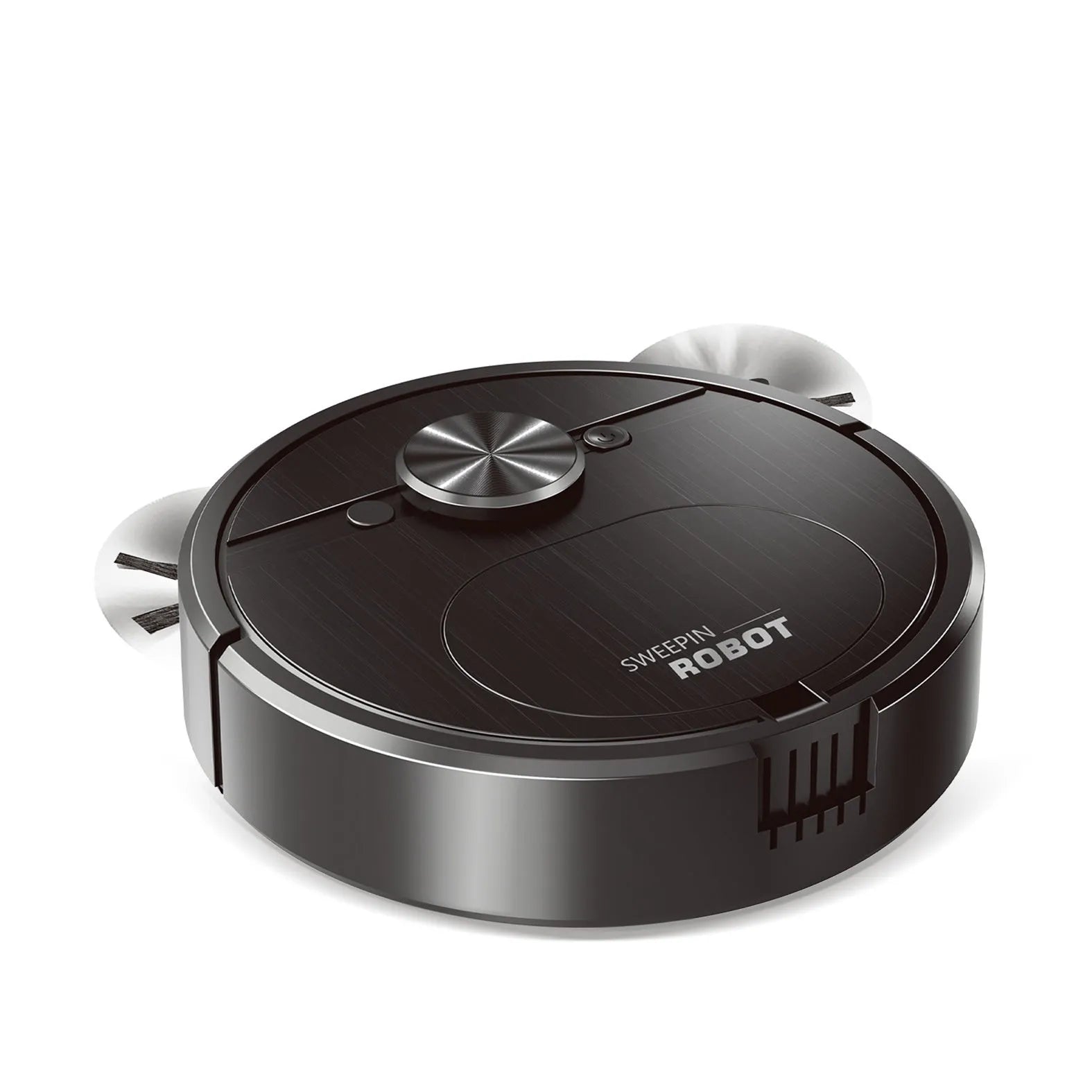 Black and white three-in-one USB charging automatic robot vacuum cleaner with mop and brushes.