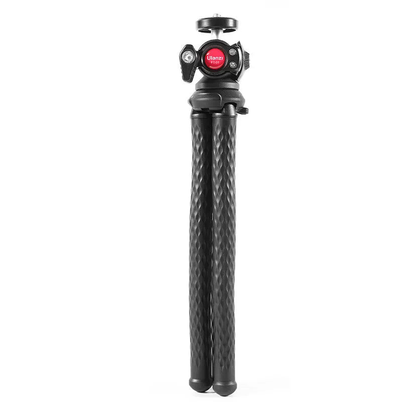 Black flexible octopus leg tripod with mobile phone clip attached, FT-01 model.