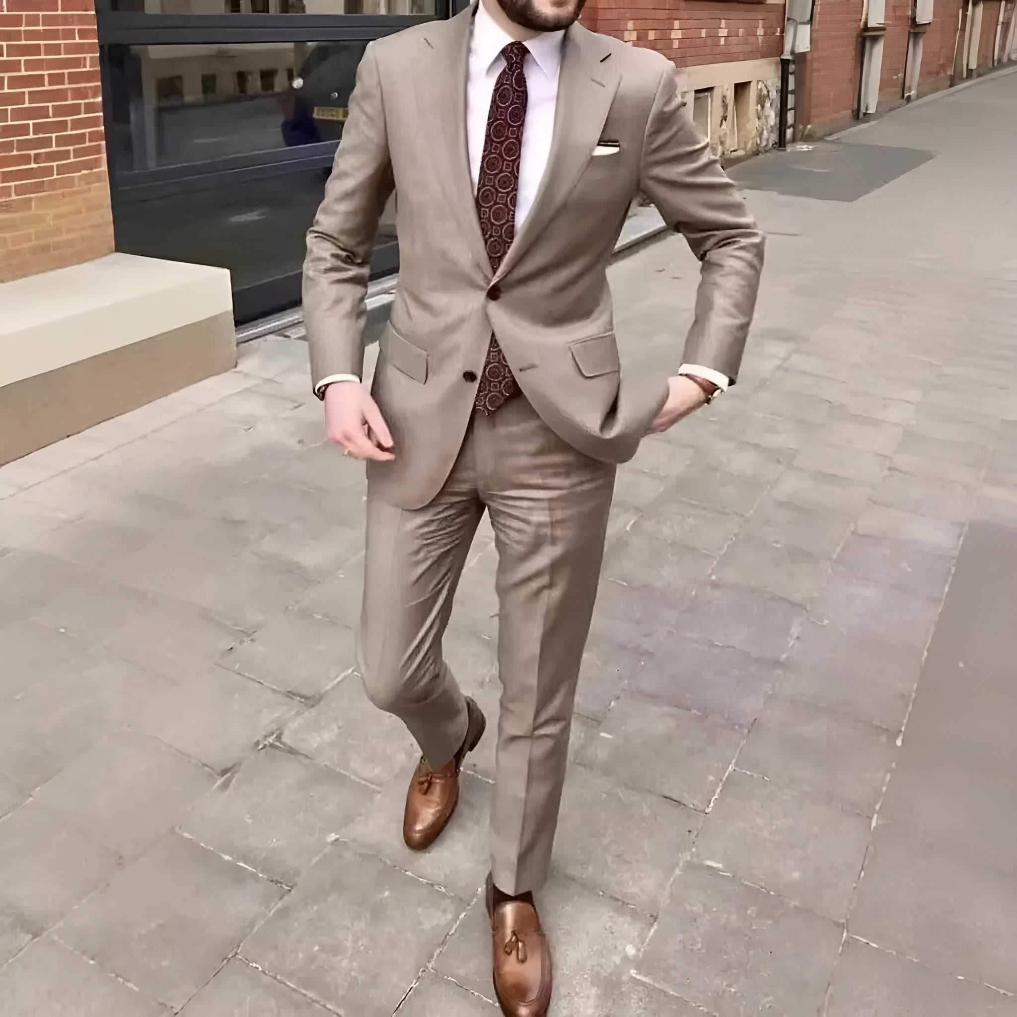Men's slim fit two-button business suit in acetate fabric, shown in multiple colours with size chart.