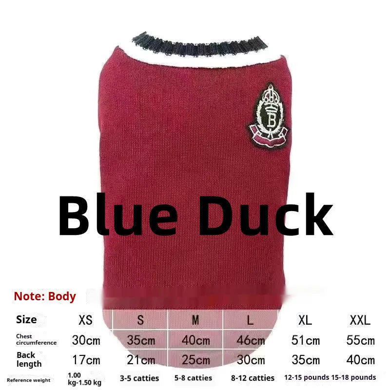 Silver gradient college style pet winter clothes shown in blue duck colour on size chart with weight ranges