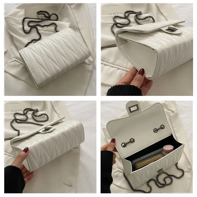 Women's small retro textured square shoulder bag in PU showing interior phone pocket and soft handle.