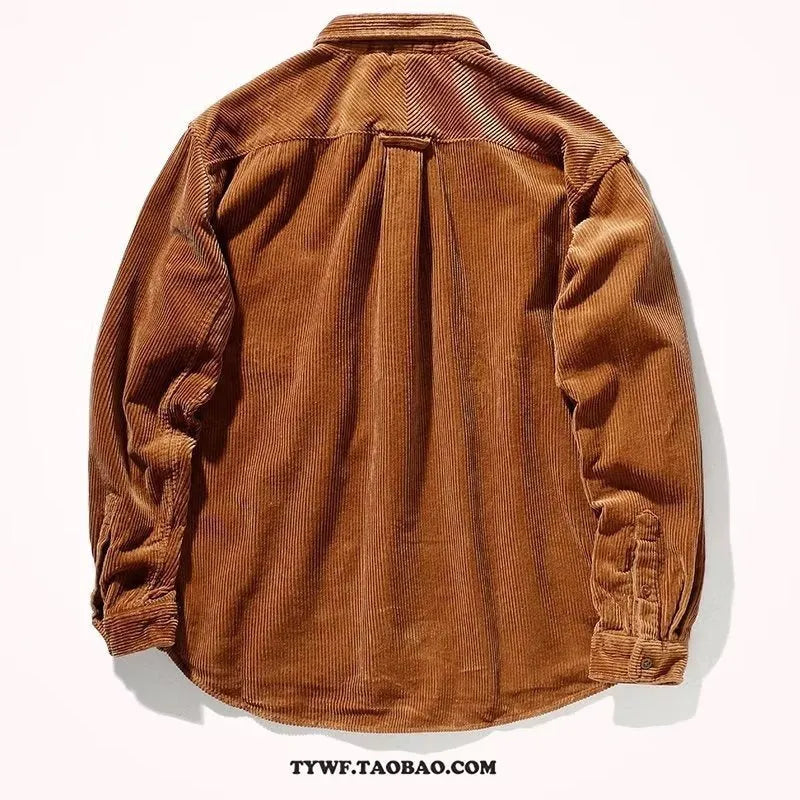 Caramel and grey loose fit long sleeve corduroy cardigan shirt on a hanger.