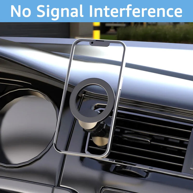Black magnetic car phone holder mounted on car air vent with O-ring bracket