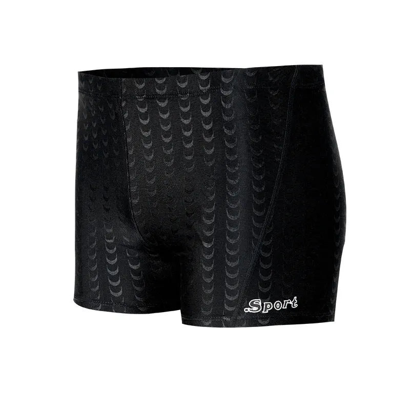 Men's solid colour swimming trunks in shark skin polyester fabric for beach surfing and swimming