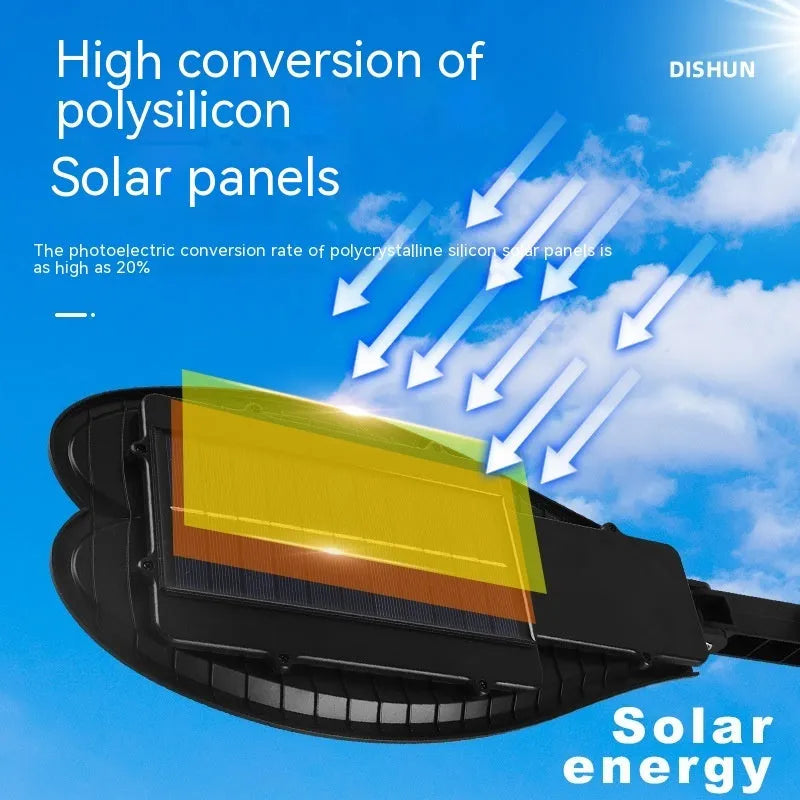 White 6-eye outdoor solar garden lamp with solar panel and remote control on a garden path.