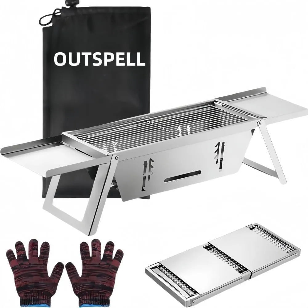 Small foldable metal charcoal grill with a carrying handle, shown in a compact stored position.