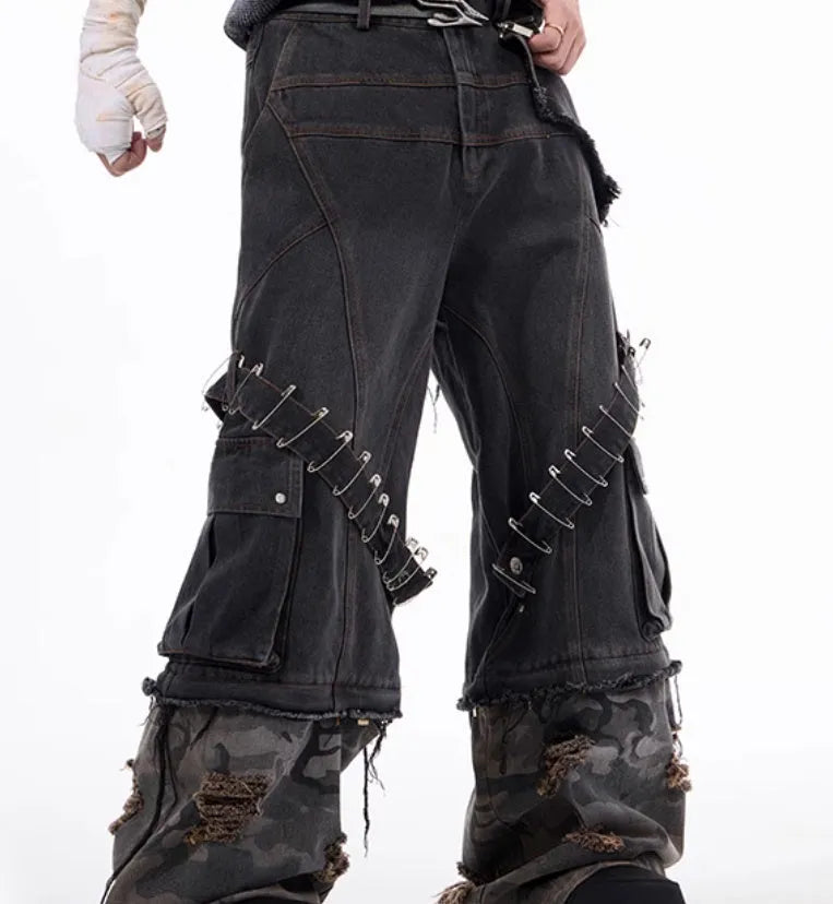 Men's grey camouflage pattern jeans with splicing structure and ribbon detailing