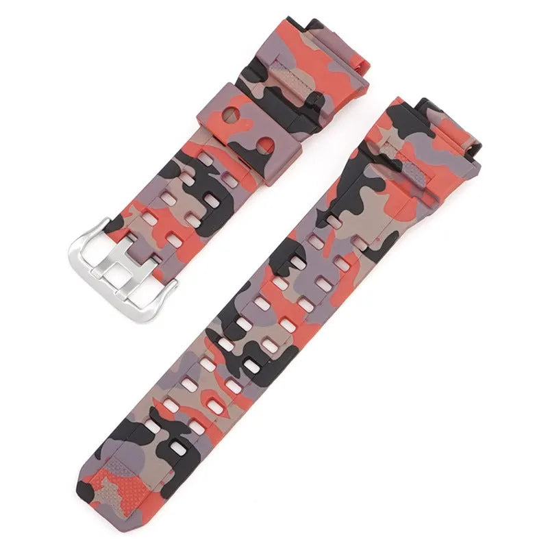 Camouflage pattern TPU rubber watch strap with silver buckle for G-Shock-style watches.