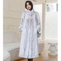 White women's faux fur coat with a stand-up collar and regular sleeves