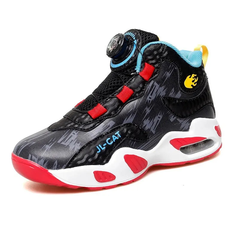 Boys' rotating button basketball shoes in black synthetic leather with cushioned PU sole