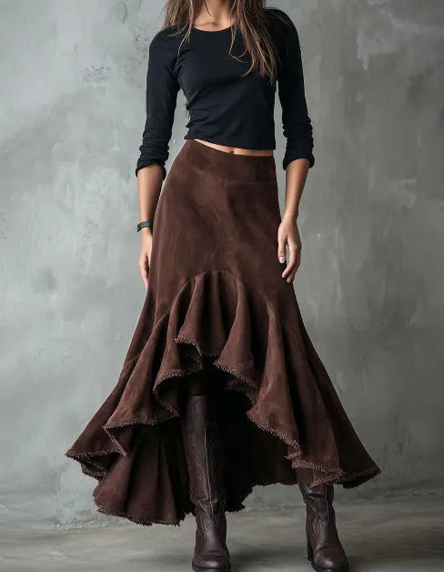 Western brown high-low maxi skirt with ruffled ankle hem laid flat.