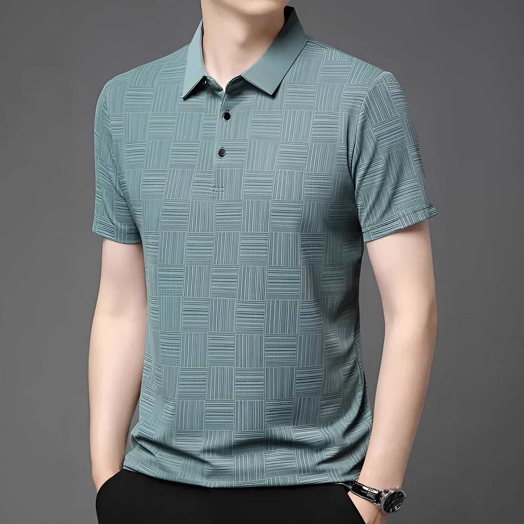 Men's slim fit lapel t-shirt on a hanger, showing the collar detail and available colour options.