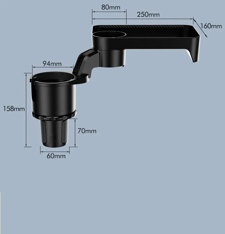 Black ABS plastic car-mounted rotating dinner tray holder with an integrated cup holder.