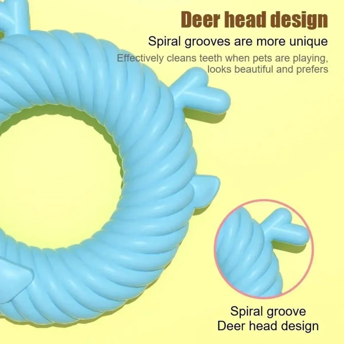 Deer-shaped dog chew toy with spiral grooves for teeth cleaning in blue, pink, or green
