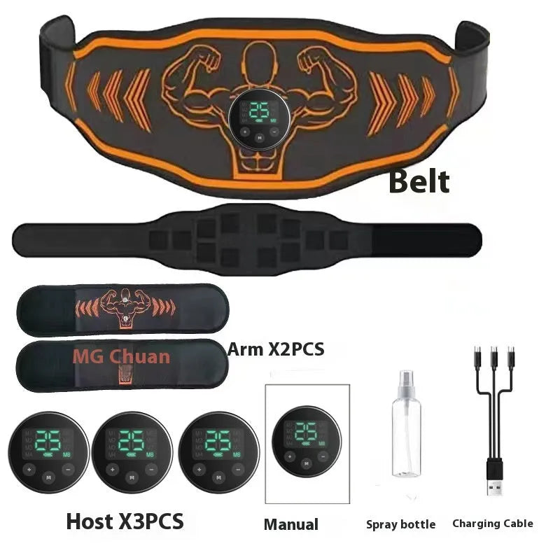 Rechargeable EMS smart massage belt and host unit in orange and blue colour options