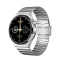 Black and silver smartwatch on wrist showing heart rate monitoring display with silicone and leather strap options.